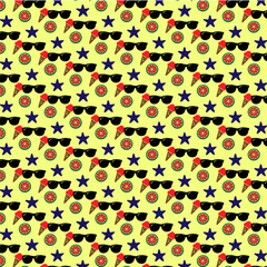 Fototapeta premium Colorful Summer Vacation Seamless Pattern with Sunglasses, Ice Cream, Citrus Slices and Starfish.