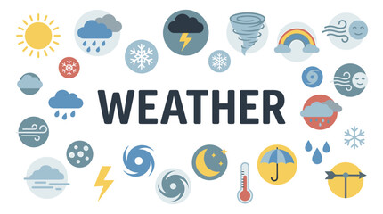 Fototapeta premium A vibrant collection of stylized flat design icons depicting an extensive range of weather phenomena, illustrating diverse atmospheric conditions, climate patterns, and daily meteorological forecasts