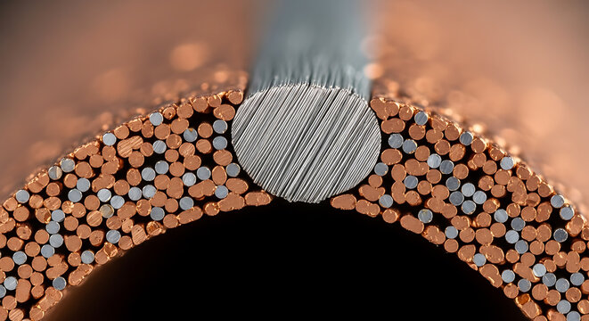 Cross section macro view of copper and silver electrical cable wire strands