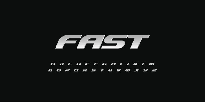 Fast Dynamic Font Logo Steel Alphabet Bold Italic Letter Set with Iron Shiny Gradient Texture Typographic Design for Automotive Competition, Car Racing Poster Headline, Sport Games. Vector Typeface