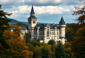 Obraz premium Ancient castle surrounded by autumn forest under cloudy sky