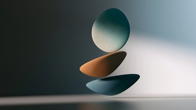 Three suspended abstract forms float gently in soft gradient light against a minimalist background