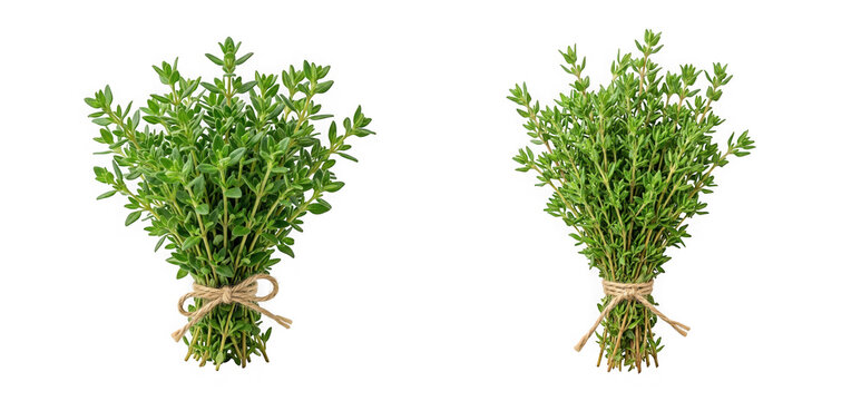 Fresh thyme herb bunches tied with twine isolated on transparent background