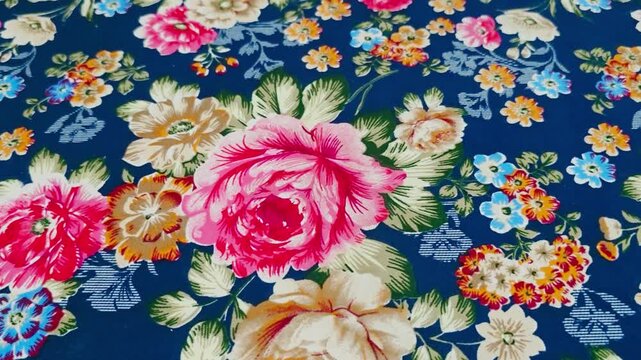 Vibrant floral pattern with roses and leaves on blue background