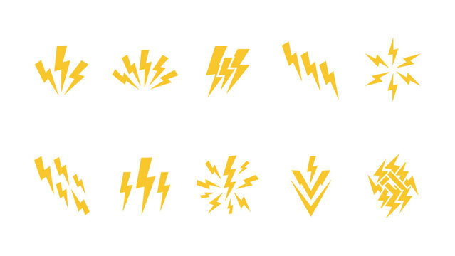 Collection of various yellow lightning bolt icons on white background