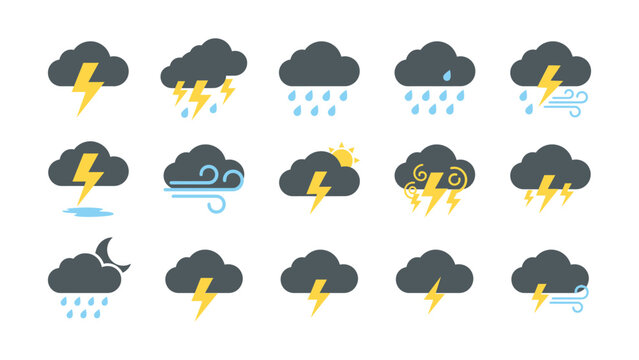 Collection of various weather icons with clouds and lightning on white background