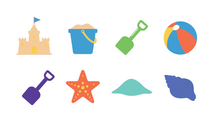 Colorful beach toys and objects on white background  sandcastle starfish bucket © Artist hub