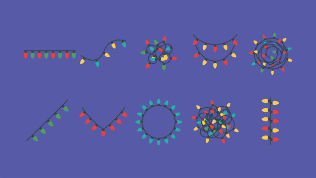 Colorful Christmas string lights in various shapes and designs on blue background