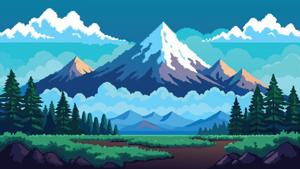 Pixel art mountain range with pine trees and clouds in vibrant blue sky vector illustration