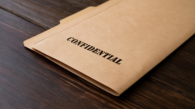 A close-up shot of a brown folder with the word 'CONFIDENTIAL' stamped in black letters, lying on a dark wooden table in a professional setting