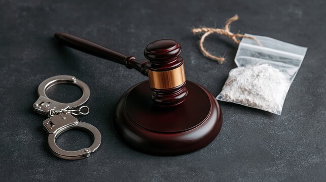 Justice and illegal substances: gavel, handcuffs, and drug evidence