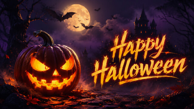 Jack-o'-lantern glowing in dark spooky forest with full moon and Halloween text