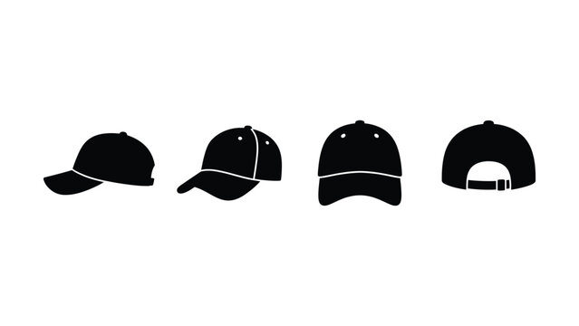 Four black baseball caps in different views on white background