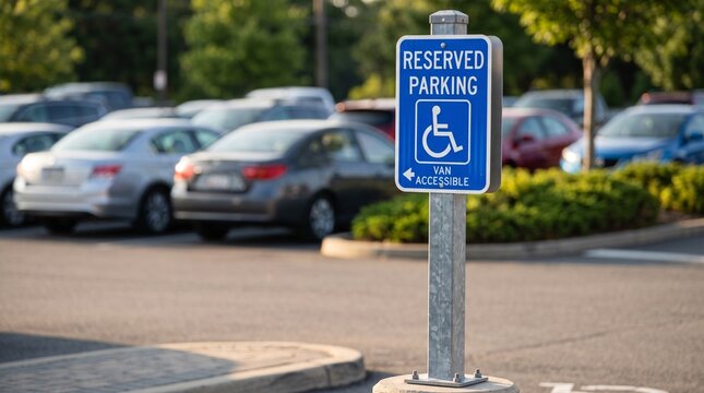 Accessible Parking Sign with Reserved Disabled Space in Public Parking Lot, Wheelchair Accessibility