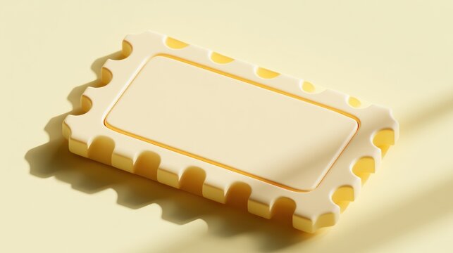A blank pastel yellow voucher ticket is seen with bite-shaped notches along the edges on a cream background under soft studio light.
