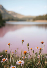 Fototapeta premium Wildflowers blooming near a pink lake in nature