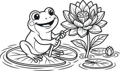 Cute frog sitting on lily pad holding lotus flower coloring page vector. © Peru