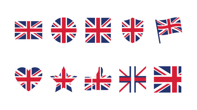 Union Jack flags in various shapes and symbols on white background