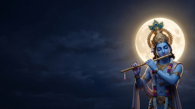Lord Krishna playing golden flute under glowing full moon with peacock crown in serene divine night sky creating peaceful spiritual atmosphere.