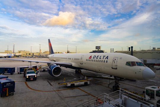 Chicago, Illinois, USA - June 12, 2025: Plane arrival of Delta airline. Departure and arrival at airport terminal. Airplane terminal. Travel by plane. Airport terminal. Aviation business