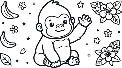 Jungle monkey cartoon character line art illustration for kids activity book. © Peru