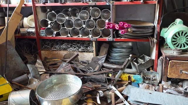 Cluttered workshop with metal pipes and tools on shelves