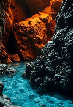 Close-up of mineral ore rocks with water pools in cave