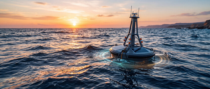 A floating maritime buoy sits on the rolling dark ocean water during a vibrant golden sunset to provide a navigation signal for commercial vessels in an open sea landscape for marine safety.