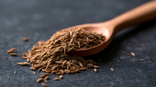A close-up view of whole caraway seeds, or Carum carvi, spilling from a wooden spoon onto a dark, textured surface, highlighting culinary spice use