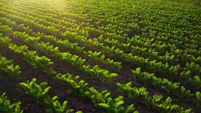 Aerial view of a sugar beet field with lush green crops growing in rows during a beautiful sunrise or sunset with lens flare