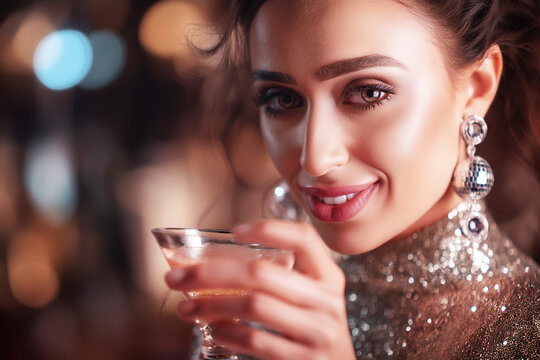 A smiling woman holds a cocktail glass wearing large disco ball mirror earrings against a party backdrop. Fashion party portrait, glamour, nightlife, celebration, retro disco, beauty, makeup, style.