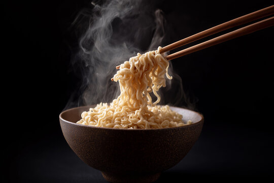 Chopsticks lift steaming ramen noodles from a dark bowl. Close-up food photo, comfort food, Asian cuisine, texture, warmth, minimalism, culinary trend.