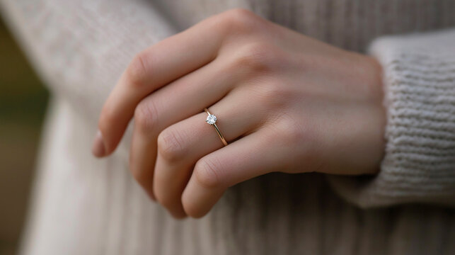Woman displaying a solitaire diamond engagement ring in a studio close-up. Image fits engagement, luxury jewelry, romance, love, commitment, fashion, beauty.