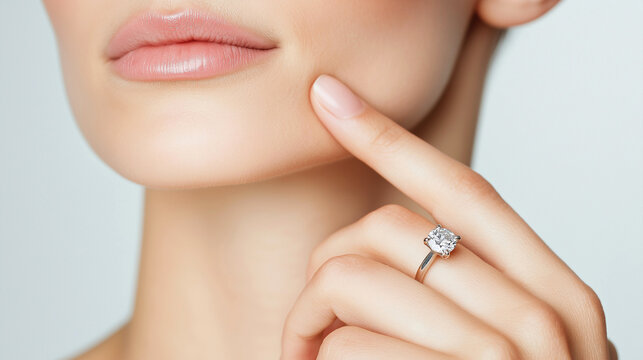 Woman touches her chin while displaying a solitaire diamond engagement ring in a studio close-up. Image fits engagement, luxury jewelry, romance, love, commitment, fashion, beauty.