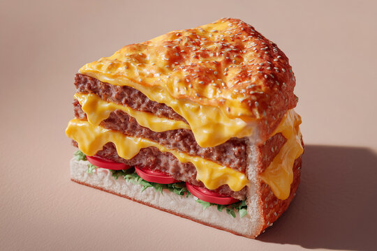 Close-up of a sliced triple cheeseburger with three patties like a cake, melted cheese, tomato and lettuce on a sesame bun. Food photography highlighting indulgence, comfort food, fast food.