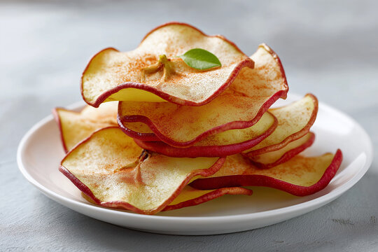 Sliced apple chips are arranged on a white plate by a window. Healthy snack, dried fruit, natural ingredients, autumn flavors, kitchen still life, wellness and food styling.