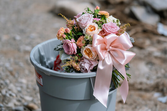 A small bridal bouquet with a satin bow in a trash bin outdoors. Wedding, ceremony, bouquet, romance, celebration, rustic, preparation, floristry, divorce, rejected love, broken heart