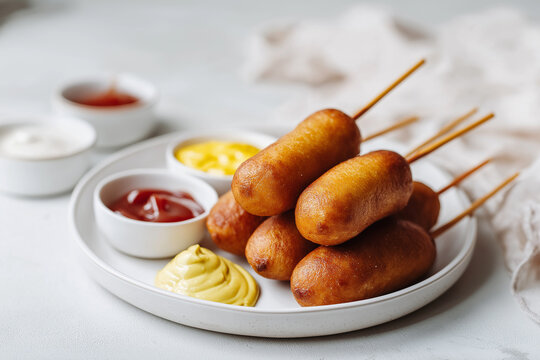 Mini sourdough corn dogs on a white plate with ketchup and mustard. Snack and party appetizer, comfort food, street food, recipe trend, finger food.