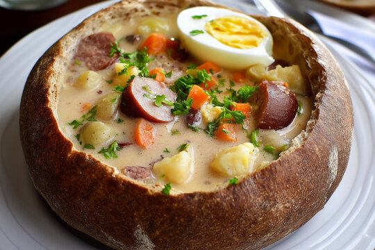 Polish sour rye soup with sausage, potatoes, carrots and a halved egg served in a bread bowl. Comfort food, traditional cuisine, rustic dining, hearty meal, cozy lunch, farmhouse cooking.