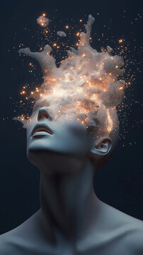 A matte mannequin looks upward as glowing light and liquid energy erupts from its head. A conceptual image about mind, creativity, consciousness, imagination, neural activity and innovation.