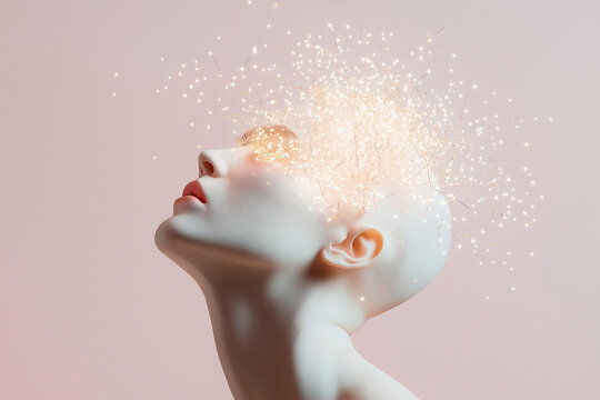A matte mannequin looks upward as glowing light and liquid energy erupts from its head. A conceptual image about mind, creativity, consciousness, imagination, neural activity and innovation.