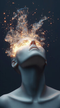 A matte mannequin looks upward as glowing light and liquid energy erupts from its head. A conceptual image about mind, creativity, consciousness, imagination, neural activity and innovation.