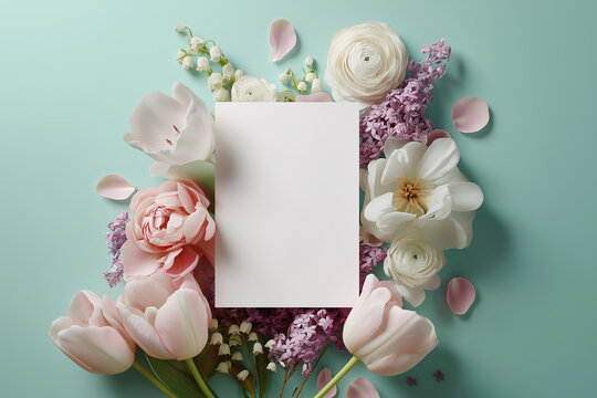 A blank card framed by different spring flowers on pastel surface. A soft pastel floral composition with a centered empty greeting card. Spring, Mother's Day, Valentine ideas.