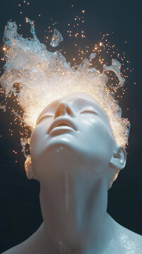 A matte mannequin looks upward as glowing light and liquid energy erupts from its head. A conceptual image about mind, creativity, consciousness, imagination, neural activity and innovation.