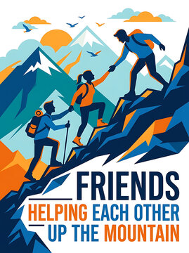 Friends helping each other hike up a mountain graphic illustration with mountain