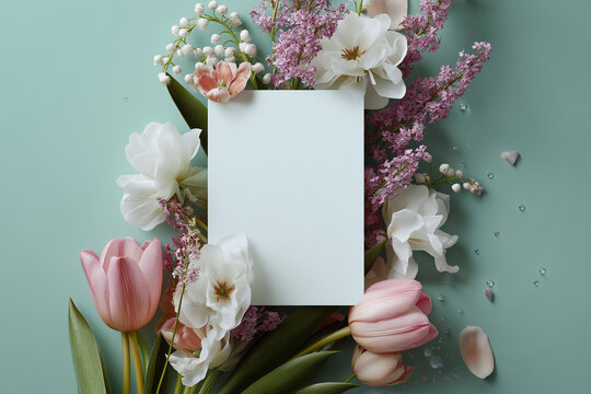 A blank card framed by different spring flowers on pastel surface. A soft pastel floral composition with a centered empty greeting card. Spring, Mother's Day, Valentine ideas.