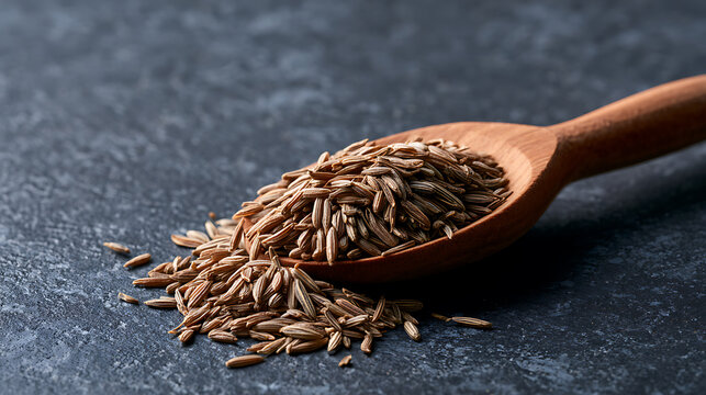 Aromatic brown spice seeds, Cuminum cyminum, pour from a wooden spoon onto a dark, textural backdrop, highlighting natural flavor and healthy ingredients