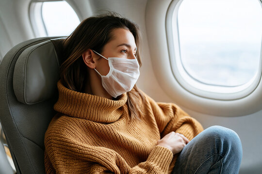 A young woman wearing a mask sits in an economy airplane seat, gazing out the window during a daytime flight. Travel, solo journey, contemplation, relaxation, lifestyle, aviation, travel, vacation