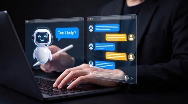 AI chatbot customer support integration for enterprise digital communication. professional interface featuring conversational virtual assistant technology for real-time inquiry resolution and enhanced