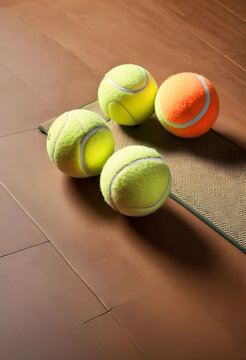 Four tennis balls on indoor exercise mat
